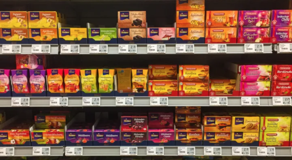 Range of German rooibos tea products on supermarket shelf