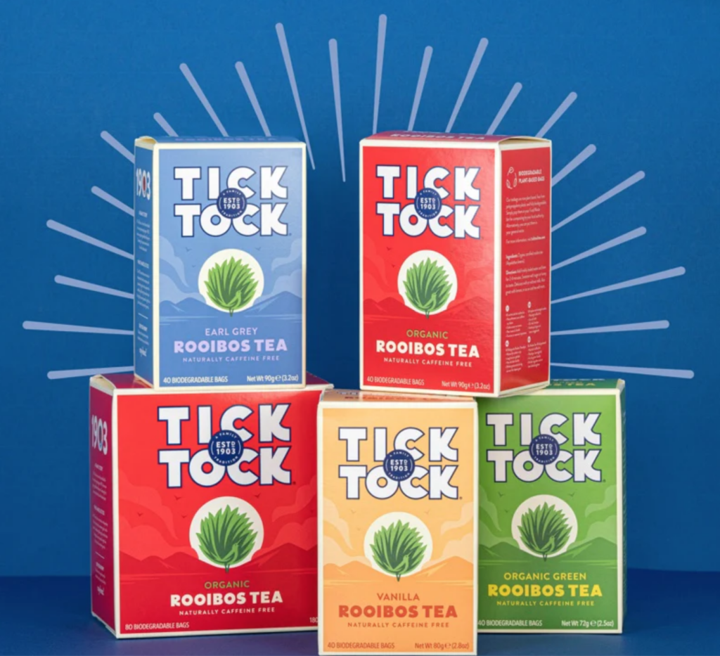Tick Tock Tea caffiene free low tannin rooibos tea UK range of teas from Tea Times Trading
